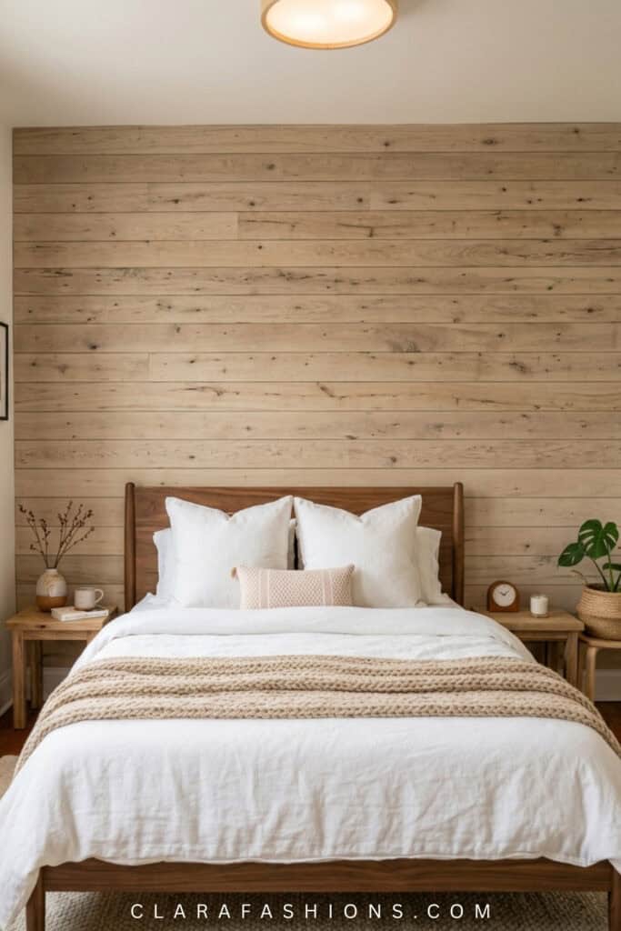 Bedroom with wooden wall decor, white bedding, and minimalist decor.