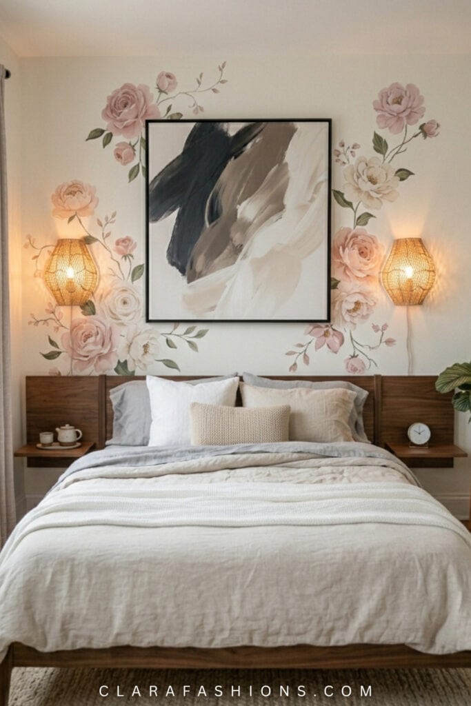 Beautiful bedroom with floral wall art and modern lighting.