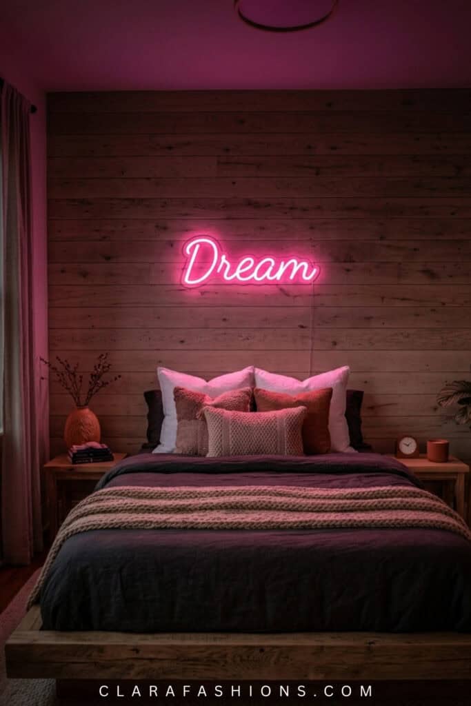 Bedroom decor with pink neon 'Dream' sign and cozy bedding.