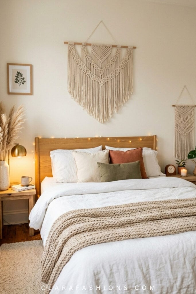 Boho bedroom with wall hangings and cozy bedding for stylish decor.