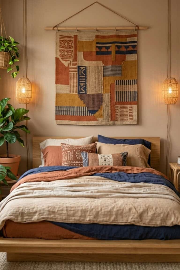 Colorful geometric wall hanging above a cozy bed in a stylish bedroom.